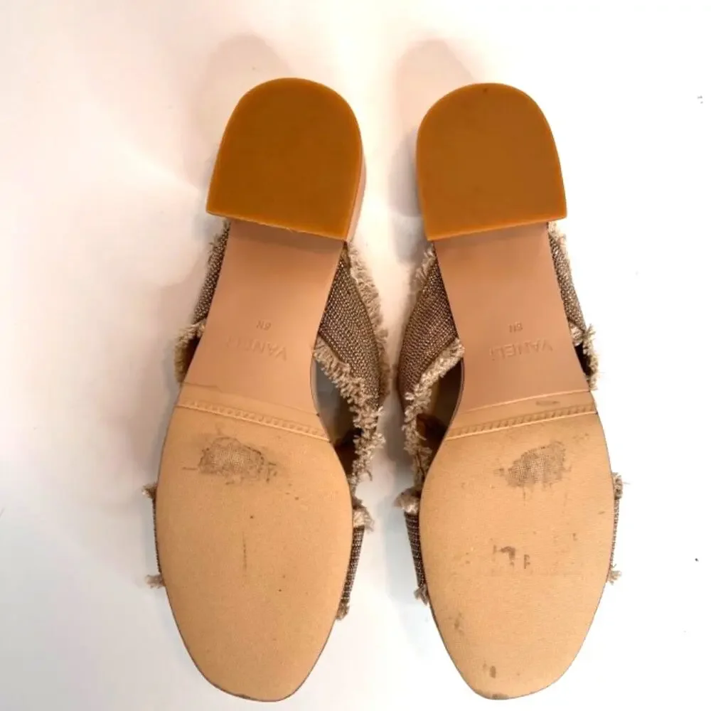 Vaneli Hedda Natural Canvas Fringe Block Heel Slide Sandals 8N Boho Chic